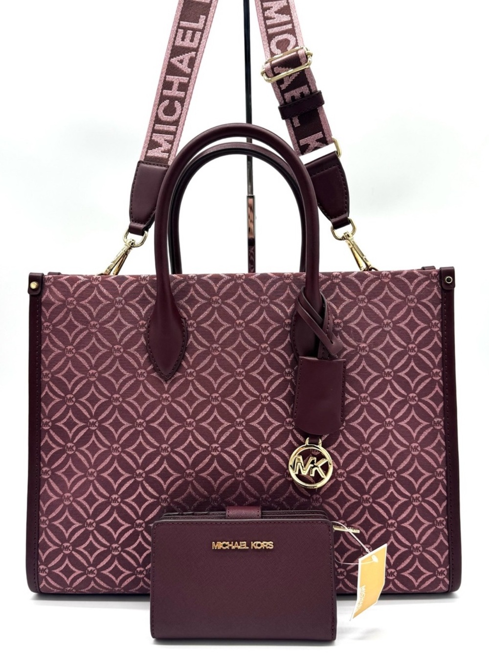 Michael Kors Medium Mirella Tote Bag & Matching Bifold Zip Chain Wallet Ox Blood